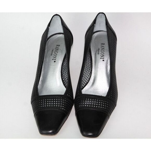 Rangoni Black Leather Firenze Italy Perforated Square Toe Pumps, Size  7B - Picture 5 of 7